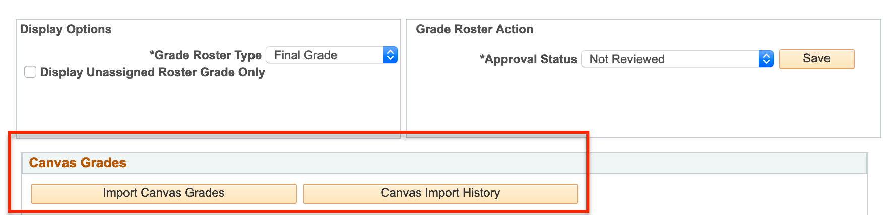 Import Canvas Grades and Canvas Import History screen shot