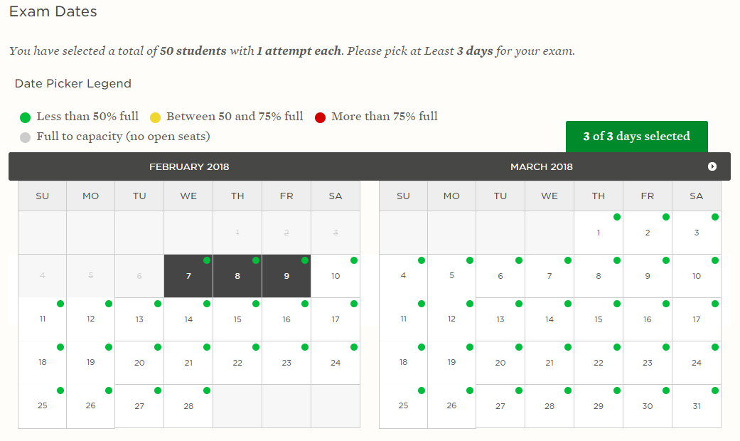Exam dates screen capture