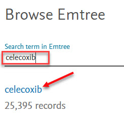 The Emtree search page is shown. The word -- celebrex -- has been typed into the Emtree search box and an arrow points to the "heading" link that has appeared.