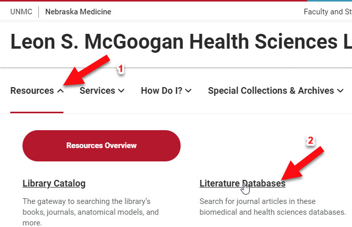 Screenshot of the "Resources" menu with an arrow pointing to the "Literature Databases" option