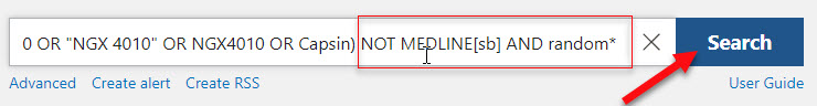 A screenshot of the addition of -- NOT MEDLINE[sb] and random* to the end of the search strategy. An arrow points to the "Search" button.