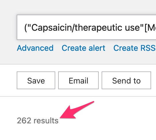 A screenshot showing the location of the notation about the number of results (a few rows beneath the PubMed search box).