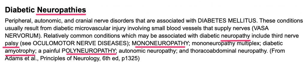 A screenshot of the MeSH database definition for the "Diabetic Neuropathies" heading.