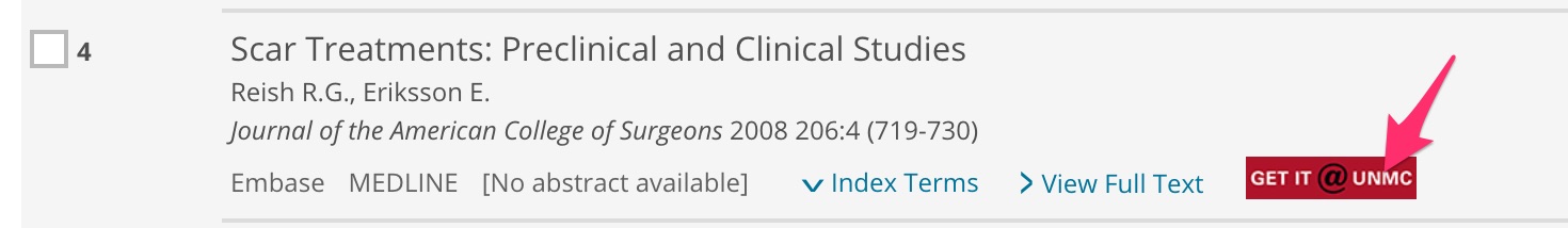 A screenshot of the EMBASE record for "Scar Treatments: Preclinical and Clinical Studies" is shown. A red arrow points to the "GetIt@UNMC" button.