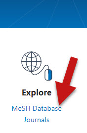 A screenshot shows the position of the "MeSH Database" link in the "Explore" list.
