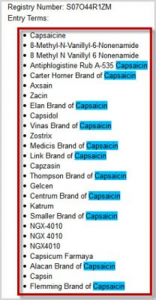 A screenshot shows the list of entry terms for capsaicin.