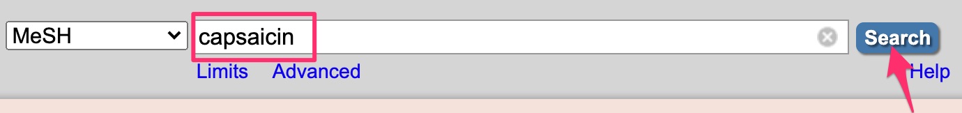 Screenshot of a MeSH search for capsaicin. An arrow points to the "Search" button.