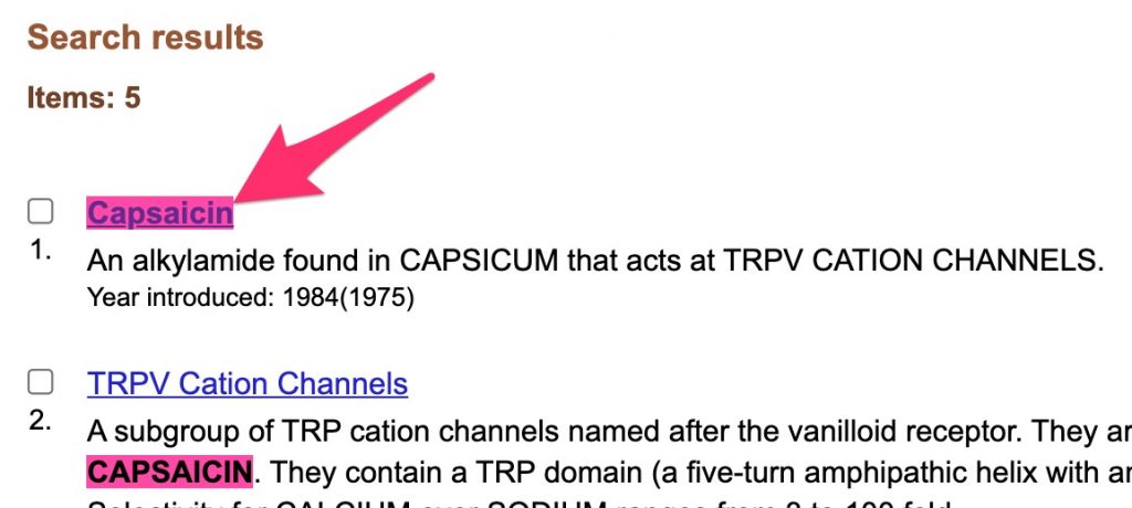A screenshot of the headings retrieved by the MeSH database search for capsaicin. An arrow points to the 'Capsaicin" heading link.
