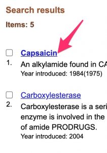 A screenshot of the headings retrieved by the MeSH database search for capsaicin. An arrow points to the 'Capsaicin" heading link.