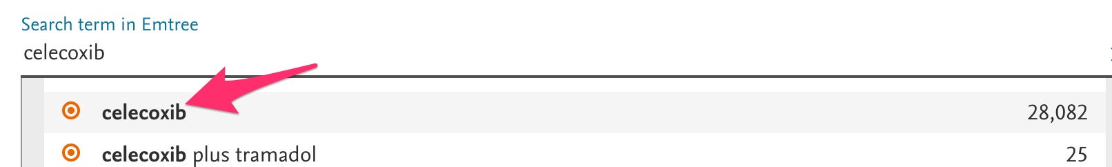 The Emtree search page is shown. The word -- celebrex -- has been typed into the Emtree search box and an arrow points to the "celecoxib" option/link that has appeared.