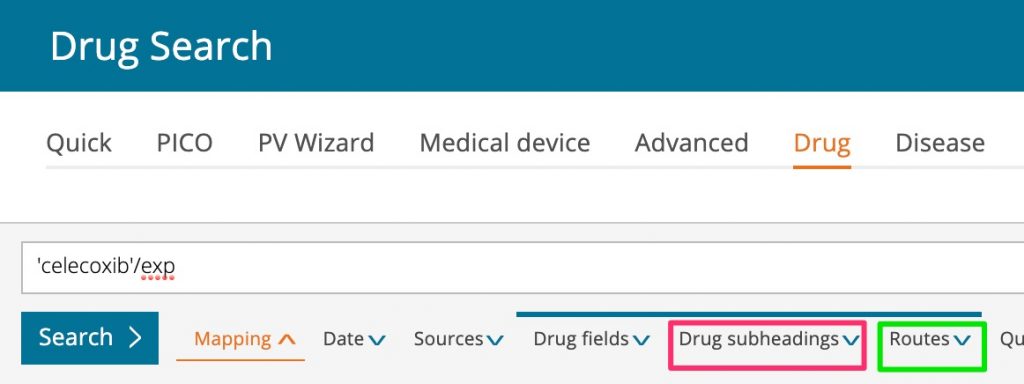 A screenshot of the 'celecoxib'/exp search on the "drug search" page. A red box has been drawn around the "drug subheadings" button and a green box has been drawn around the "routes" button.