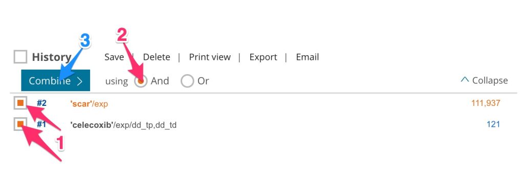 Screenshot of search history showing selection of the searches, selection of "AND" and clicking "Combine"