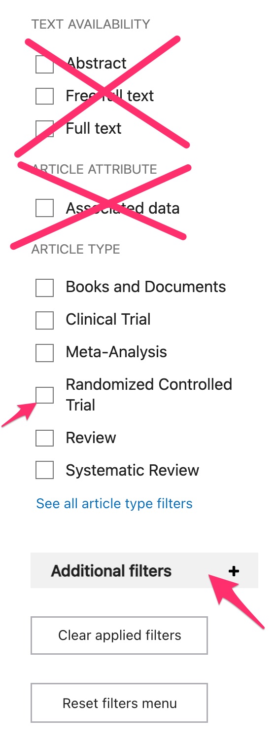 A screenshot showing the usual position of the filters to the left of the search results. An arrow points to the "randomized controlled trials" box and "Additional Filters" link.