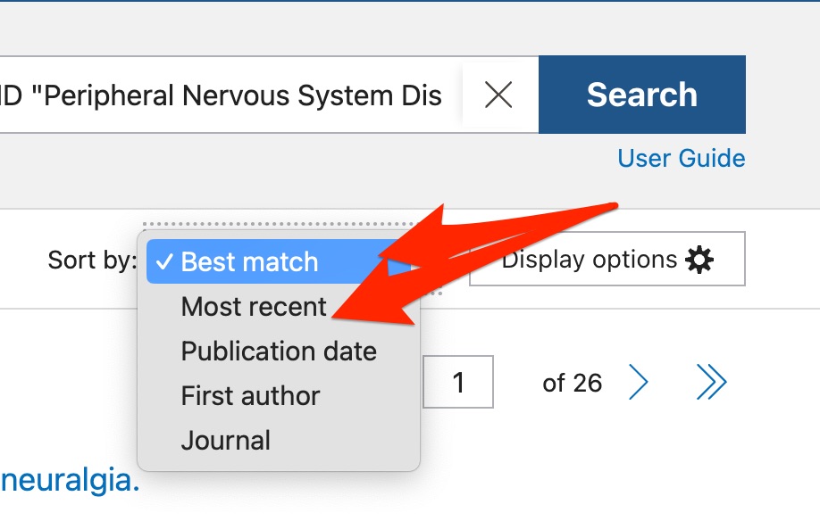 A screenshot shows the position of the "Display options" button and the "Sort by" menu that appears when the user clicks the "Display options" button.