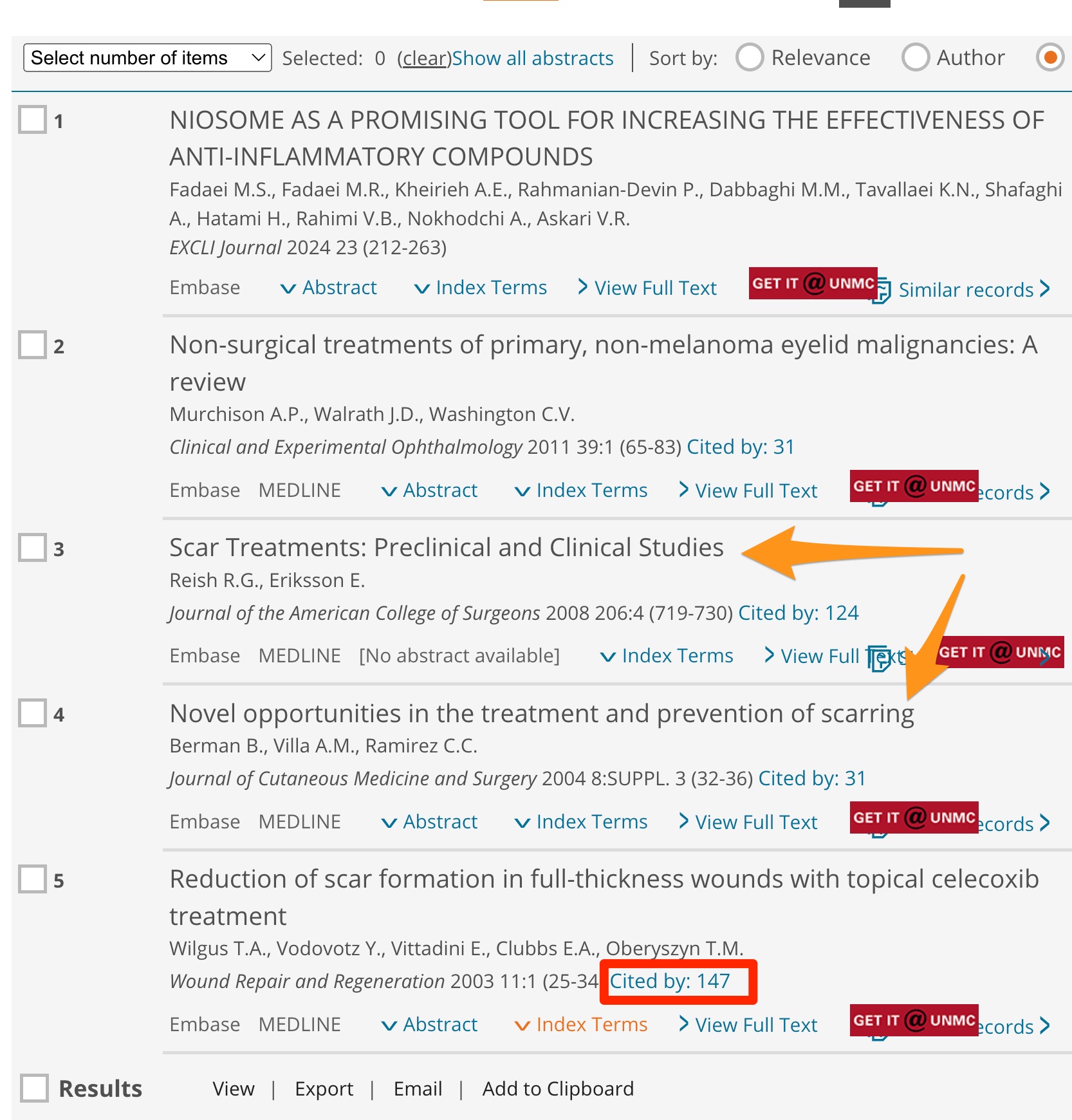 Screenshot showing the 4 results of the EMBASE search. Orange arrow point to 3 and 4. Red arrow points to #5.