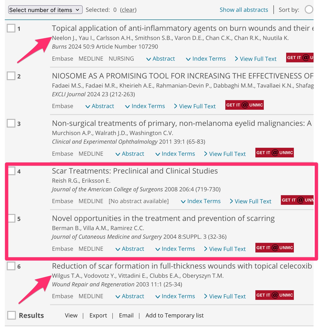 A screenshot with arrows identifying items that were also identified by PubMed and a rectangle surrounding the relevant items identified by EMBASE and not by our PubMed search.