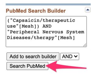 Screenshot of the completed MeSH search in the PubMed Search builder. A blue arrow points to the "Search PubMed" button.