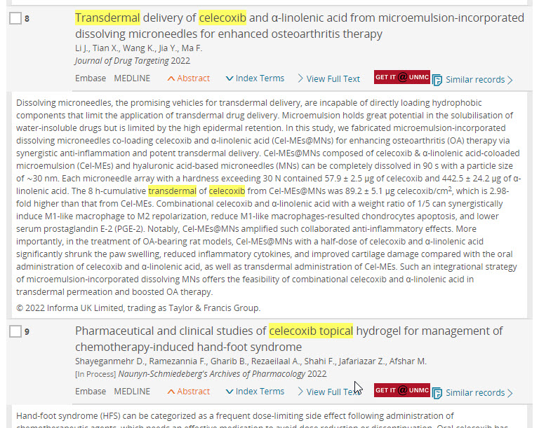 screenshot of search results that contain discussions of topically applied celecoxib preparations.