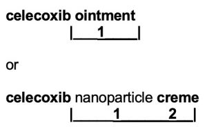 A screenshot shows the word "ointment" within 1 word of the word "celecoxib" and show the word "creme" withint two words of the word "celecoxib."