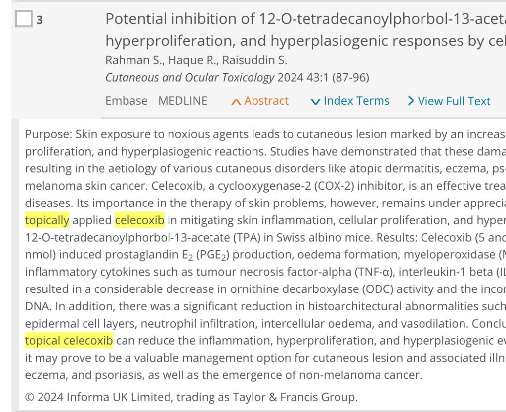 screenshot of search results that contain discussions of topically applied celecoxib preparations.