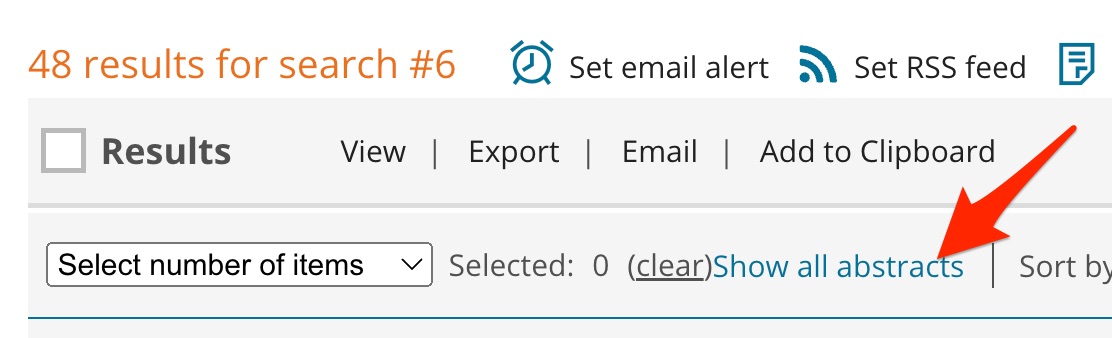 A screenshot showing the position of the "show all abstracts" link above search result #1.