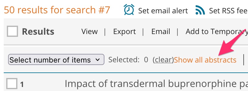 A screenshot showing the position of the "show all abstracts" link above search result #1.