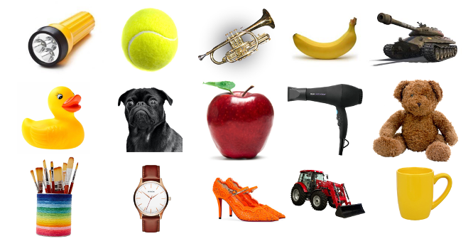 This image displays several objects for you to choose between for the activity described above. The objects are a flashlight, tennis ball, trumpet, banana, army tank, rubber ducky, black pug dog, an apple, a blow dryer, a brown teddy bear, a rainbow container holder containing various paintbrushes, a wrist watch, orange spike high heel shoes, a front loader, and a yellow coffee mug.