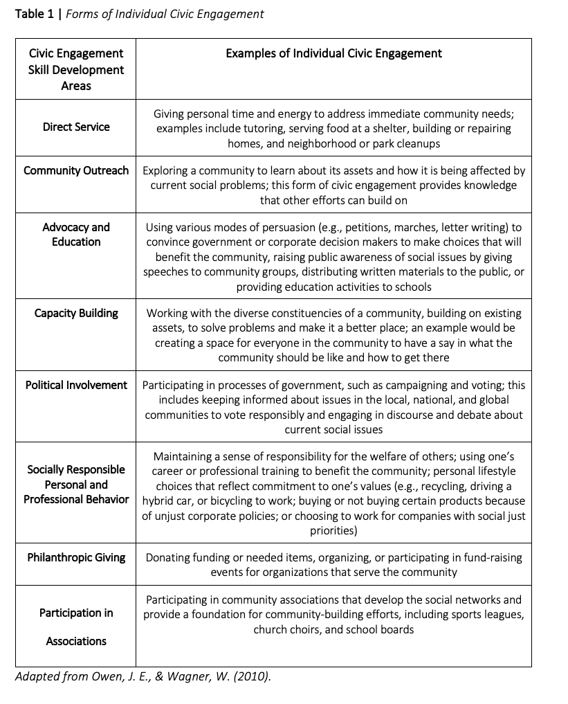 This table features 8 forms of individual civic engagement: direct service, community outreach, advocacy and education, capacity building, political involvement, socially responsible personal and professional behavior, philanthropic giving, participation in associations.