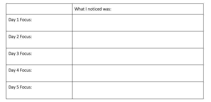This image is a journal template. the left column has four rows (Day 1 Focus, Day 2 Focus, etc.). The right column is intended to be filled out to answer "what I noticed was:"