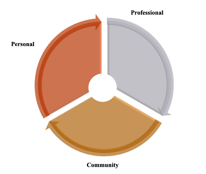 This image depicts a wheel divided into three sections which represent professional, personal, and community.