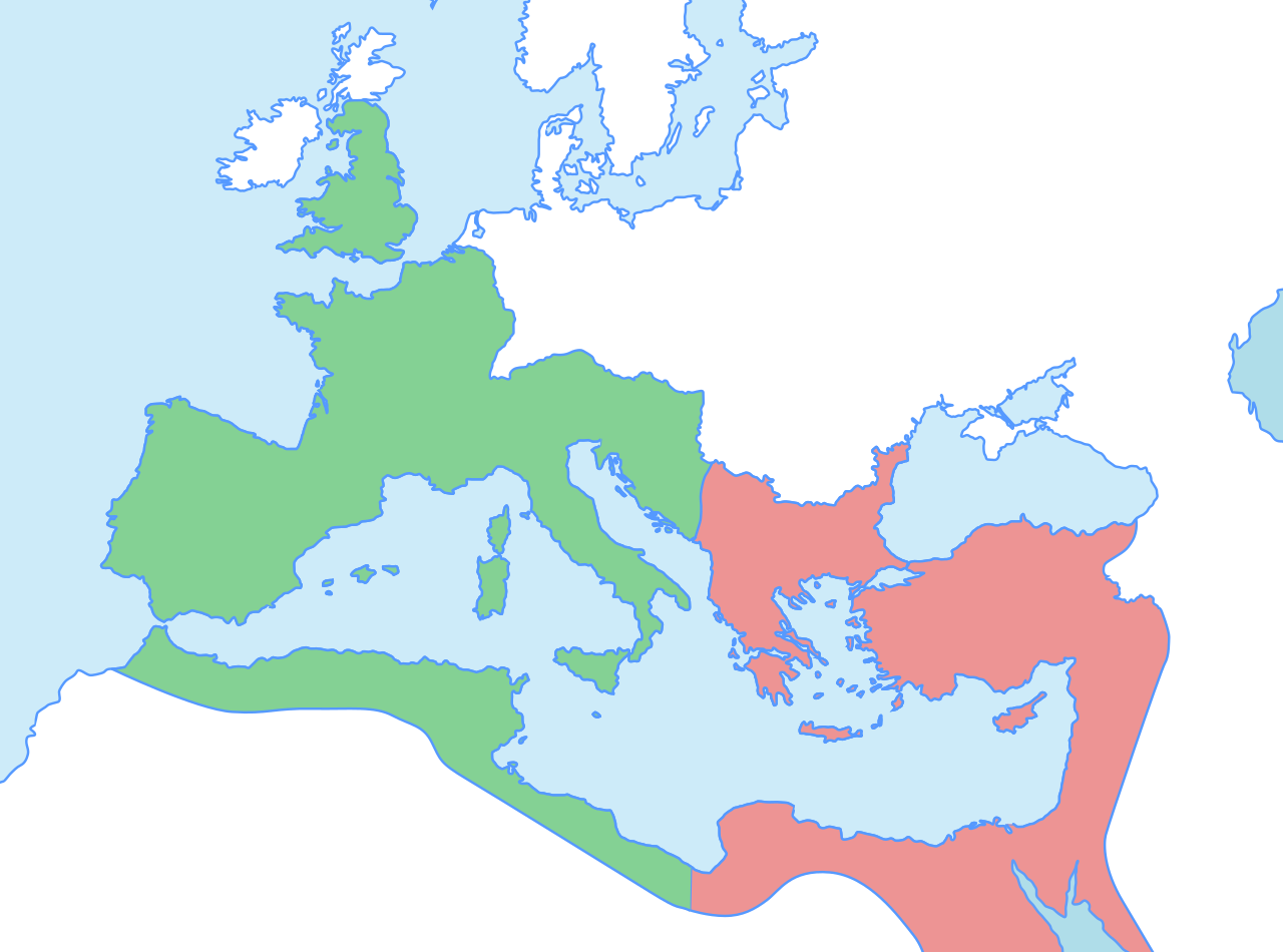 The boundaries of the Eastern and Western Roman Empires in 400 C.E.
