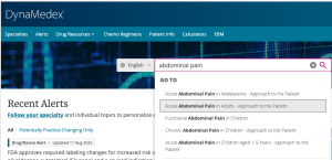 Image of a DynaMedex webpage showing the words 'abdominal pain' entered in the text box.