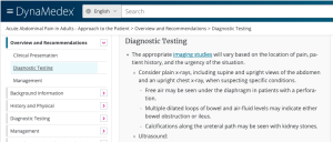 Image of DynaMedex Acute Abdominal Pain in adults topic page, Diagnostic Testing section.
