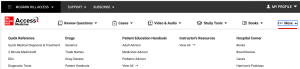 Screenshot of AccessMedicine's top homepage section, showing the "More..." link selected.
