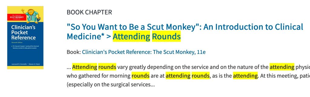A screenshot shows the 'So You Want to Be a Scut Monkey" result with cover of the "Clinicains' Pocket Reference"