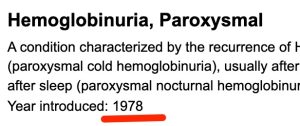 A screenshot of the MeSH databases entry for "Hemoglobinuria, Paroxysmal" showing the "Date Introduced"