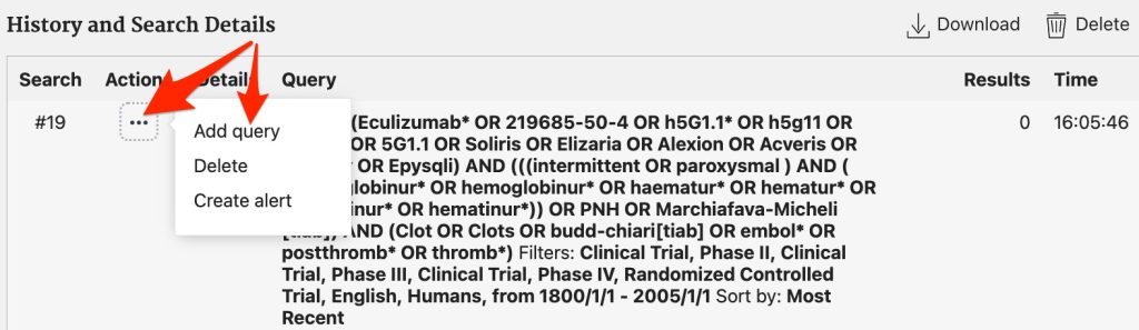 A screenshot of the history table on the "advanced search" page showing use of the "Action" drop-down to select "Add Query."