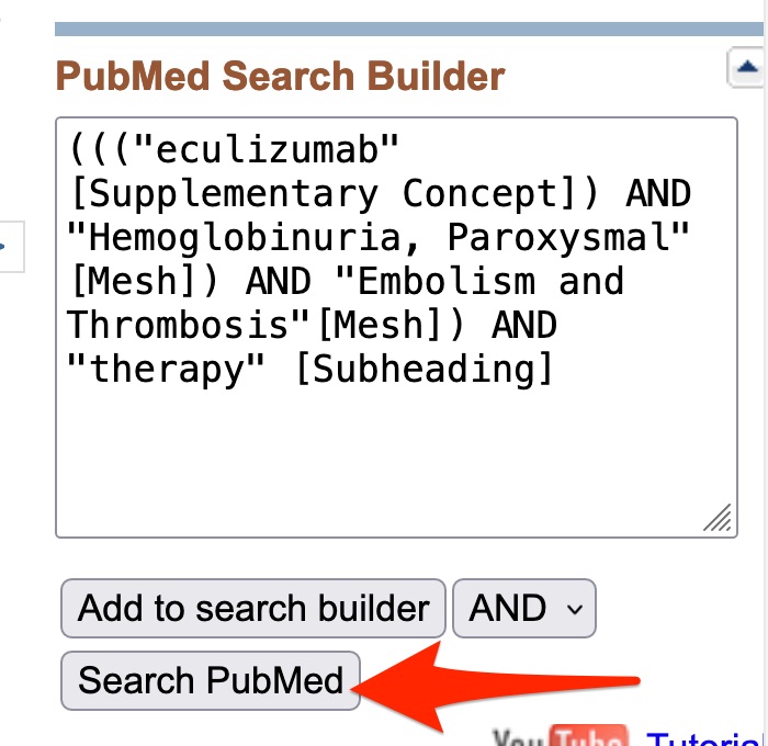 A screenshot shows the final search in the PubMed Search Builder.