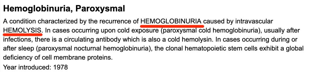 A screenshot shows the definition for the "Hemoblobinuria, Paroxysmal" heading. The other headings in the PNH heading's defintion have been underlined.