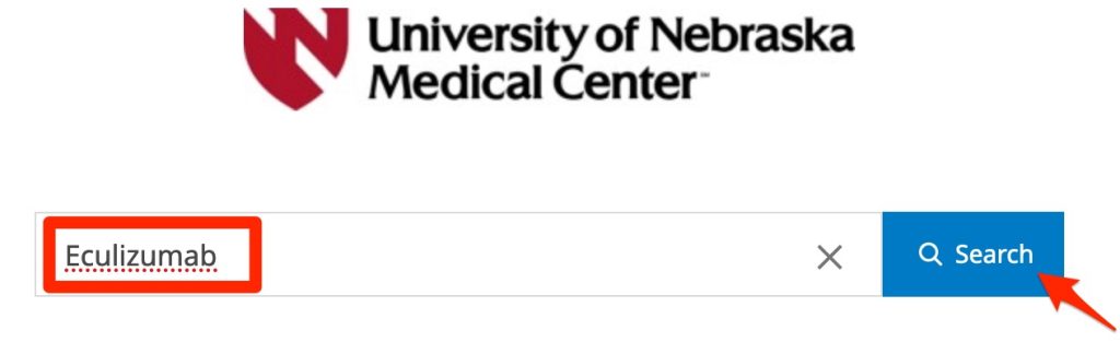 Screenshot of an "UpToDate LexiDrug" search for eculizumab
