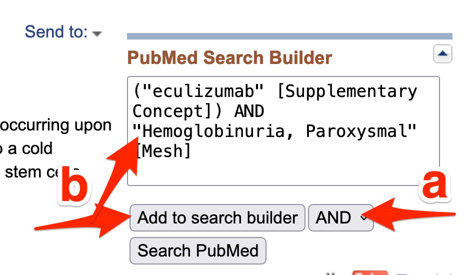 A screenshot shows addition of the "Hemoglobinuria, Paroxysmal" heading to the search builder.