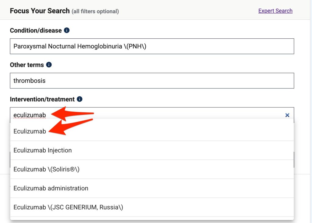 A screenshot shows the clinicaltrials.gov search boxes. "eculizumab" has been typed in the "Intervention/treatment" box and the first option in the list below the box is being chosen.