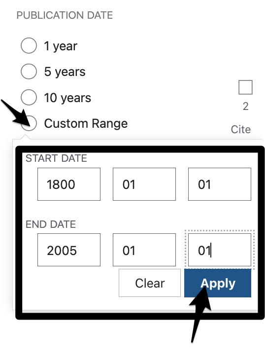 A screenshot shows the addition of a custom range publication date filter.
