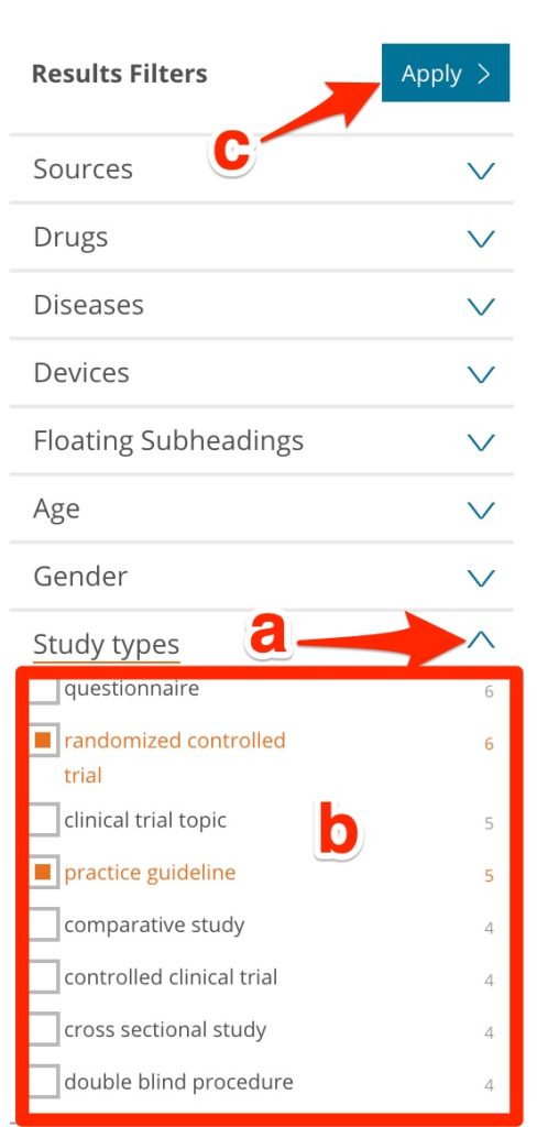 A screenshot shows selection of desired study types.
