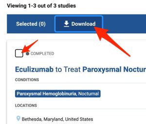 A screenshot shows the position of the "Download" button in ClinicalTrials.gov