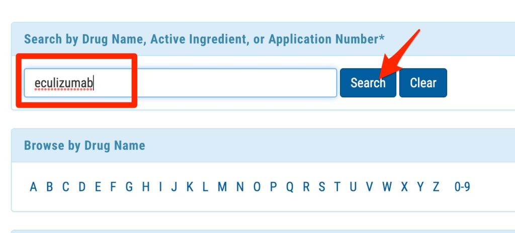 A screenshot shows the Drugs@FDA search box.