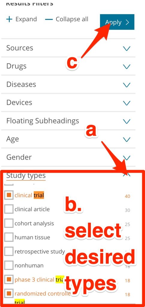 A screenshot shows selection of desired study types.