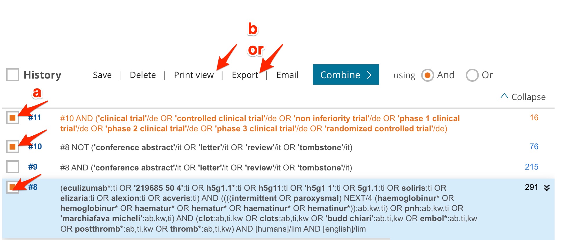 A screenshot shows selection of the searches used to produce the final results of the EMBASE search and the position of the "Print view" link or the "Export" link.