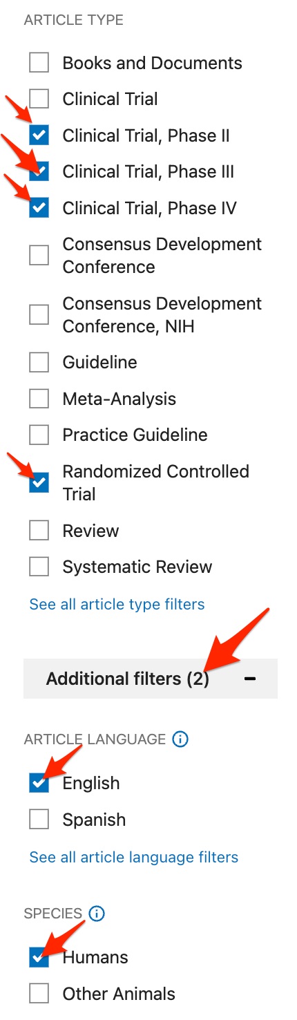 A screenshot shows selection of the "Phase II", "Phase III", "Phase IV", and "Randomized Controlled Trial" filters, clicking the "Additional Filters" button and selection of the "Humans" and "English" filters
