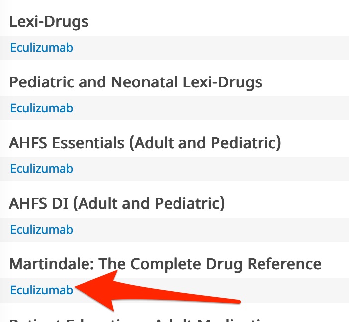 A screenshot shows the position of the link to the Martindale monograph